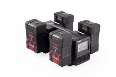 Fast 4-channel charger for 4 V-mount batteries rated at 14.4 and 28.8 V